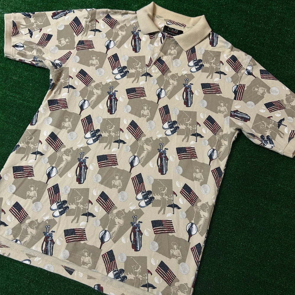 C&B Sport Polo Shirt Mens Medium Tan Golf American Flag All Over Print Cotton